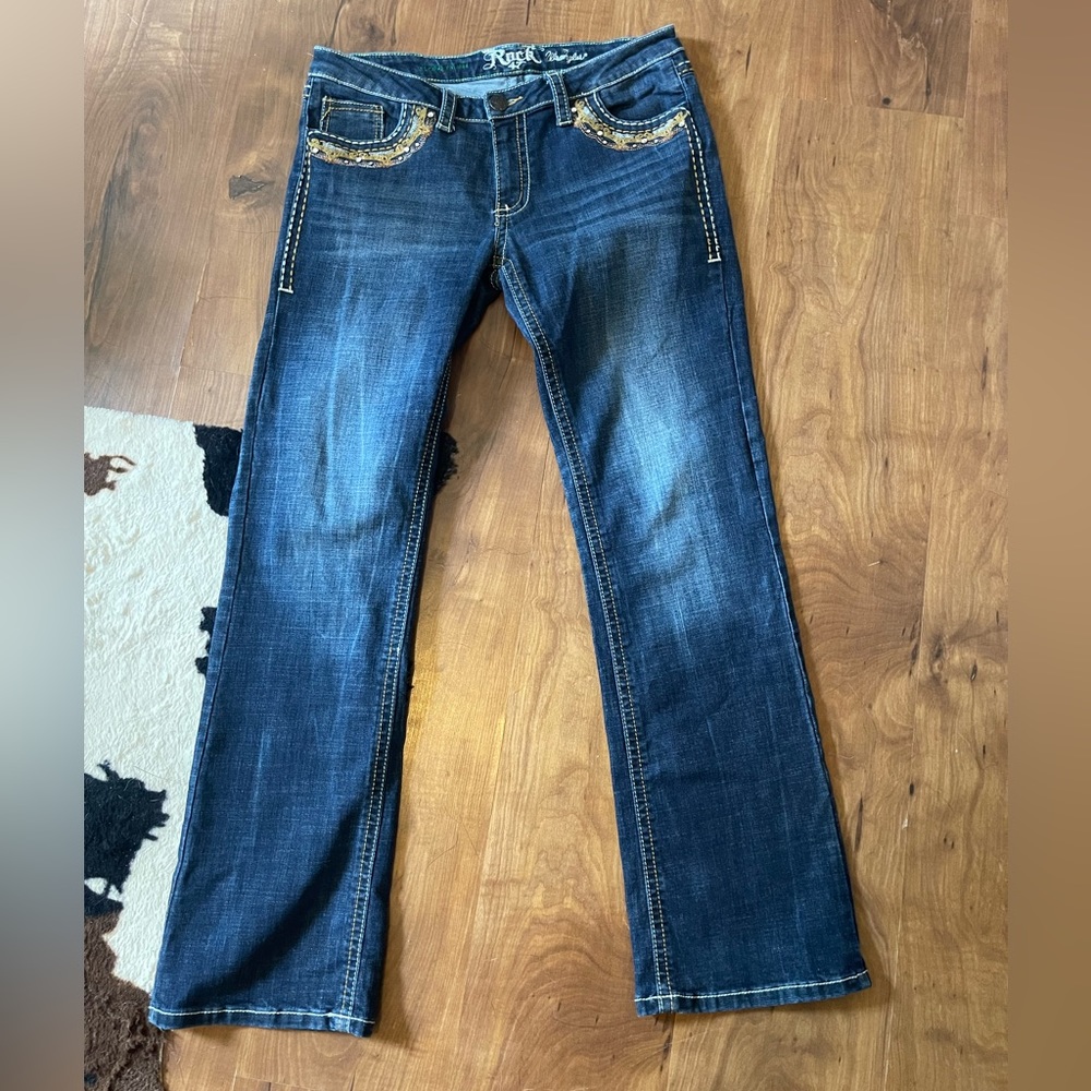 Rock 47 wrangler jeans with pretty embroidery on front and back pockets.